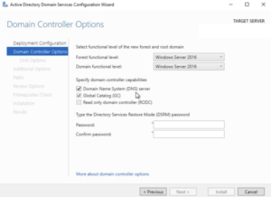 domain controller options screen