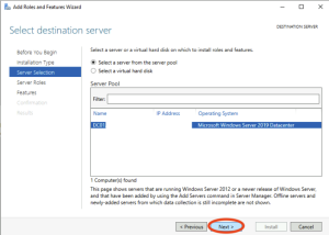 Select server to install roles and features